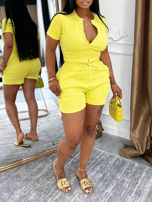 Solid Button-Front Top & Shorts Set Yellow