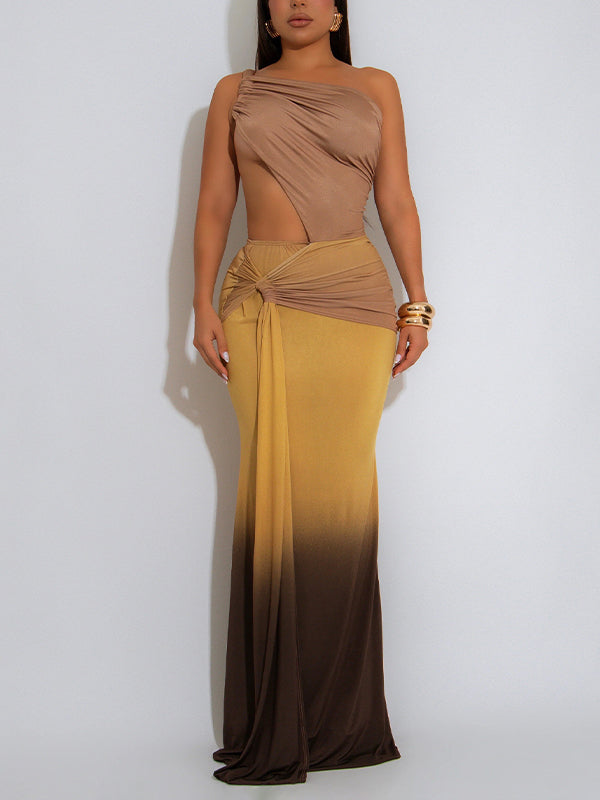 Ombre One-Shoulder Cutout Dress Brown
