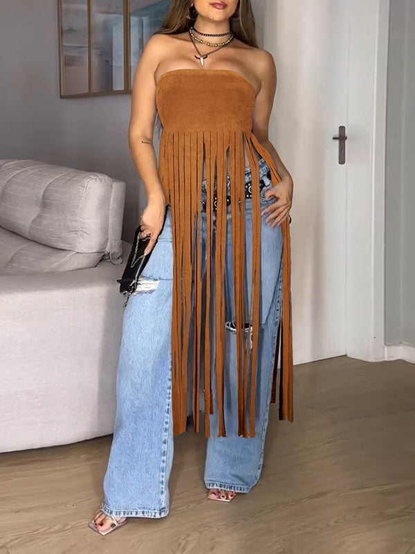 Fringe Strapless Tunic Top Brown