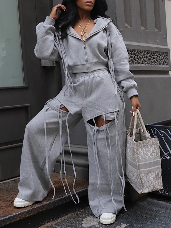 Fringe Zip Hoodie & Pants Set Gray
