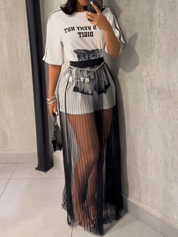 Printed Tee & Sheer Skirt Set White