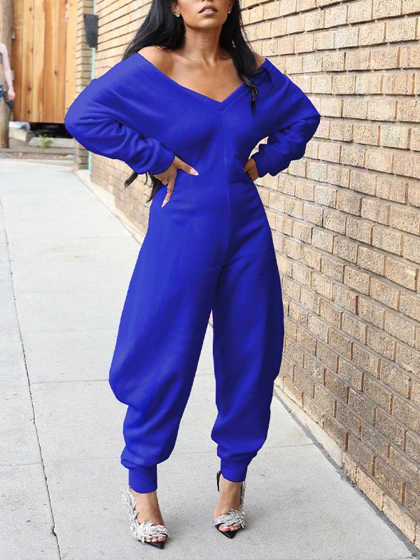 Solid V-Neck Jogger Jumpsuit Blue