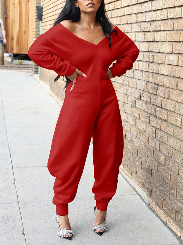 Solid V-Neck Jogger Jumpsuit Red