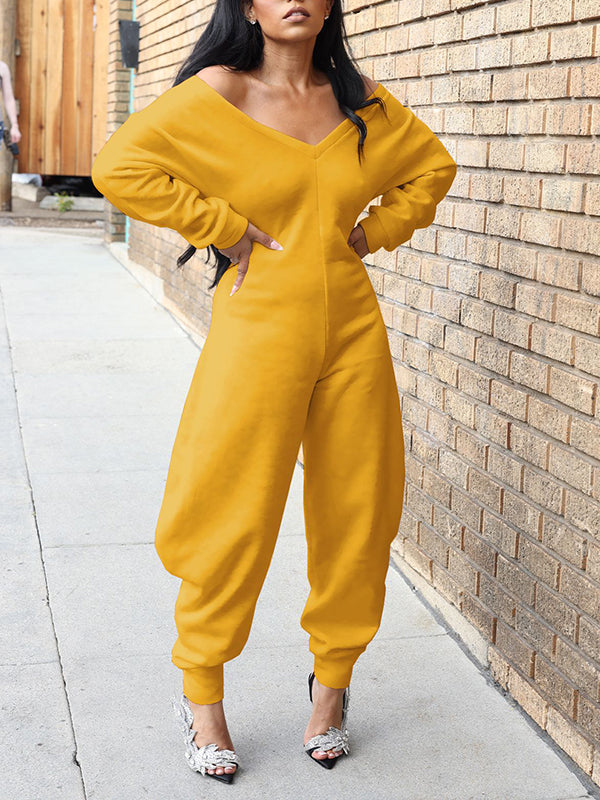 Solid V-Neck Jogger Jumpsuit Yellow