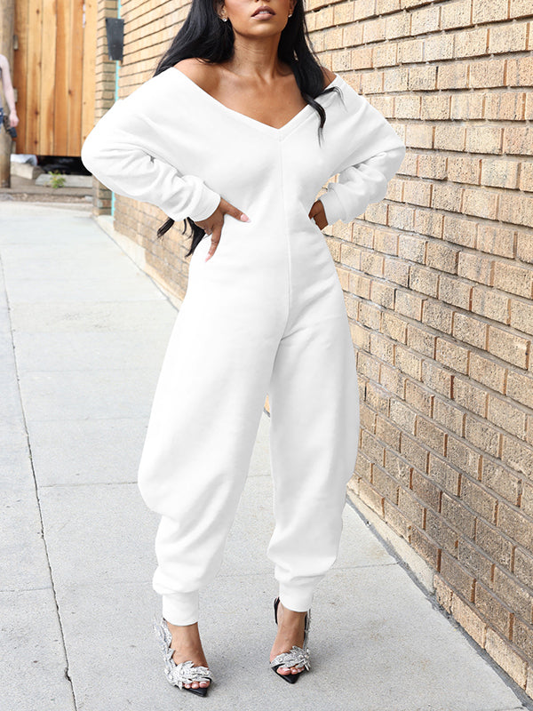 Solid V-Neck Jogger Jumpsuit White