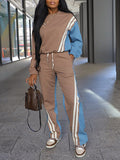 Stripe Combo Sweatshirt & Pants Set Khaki