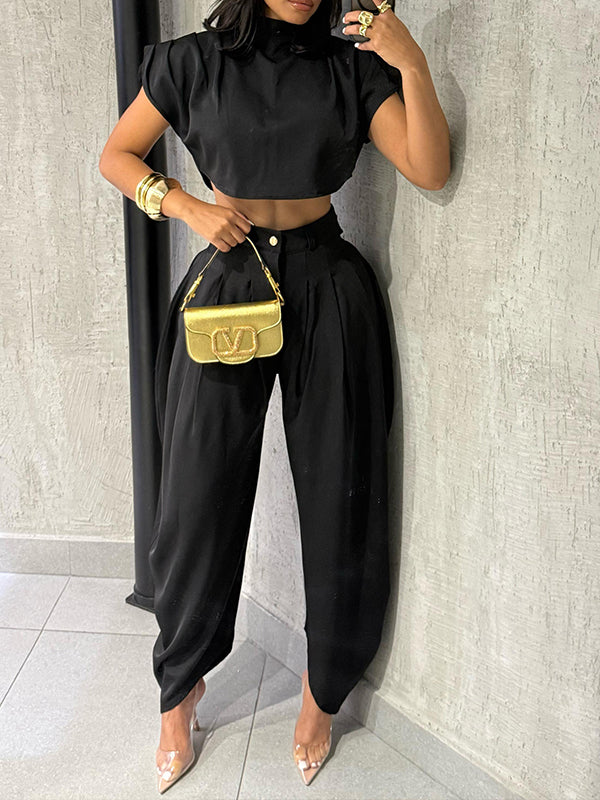 Solid Mock-Neck Top & Heram Pants Set Black