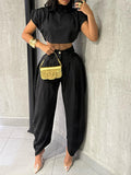 Solid Mock-Neck Top & Heram Pants Set Black