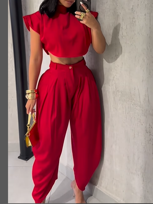 Solid Mock-Neck Top & Heram Pants Set Red