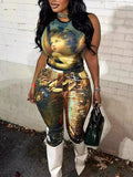 Printed Tank Top & Pants Set Olive