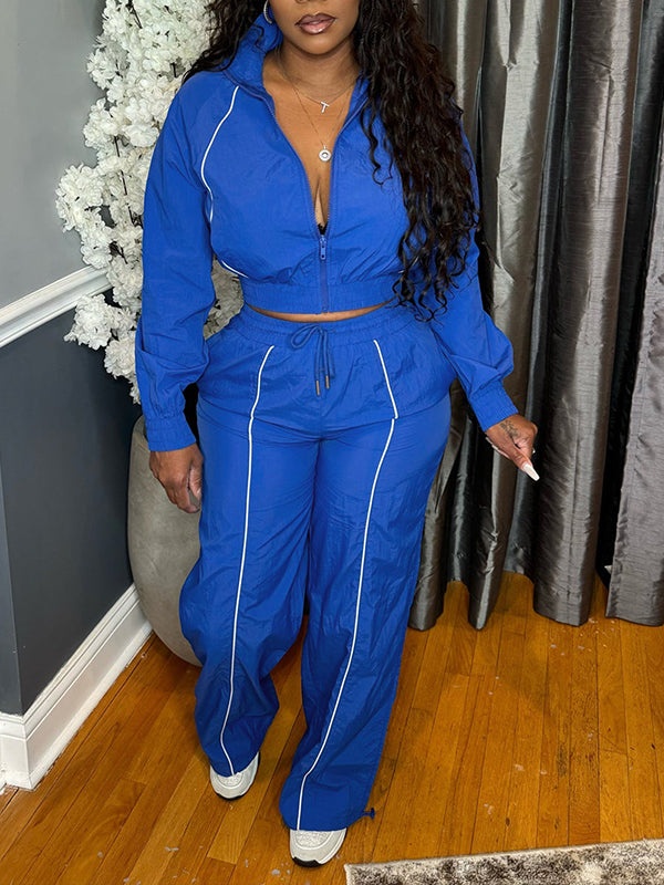 Stripe Zip-Front Jacket & Pants Set Blue