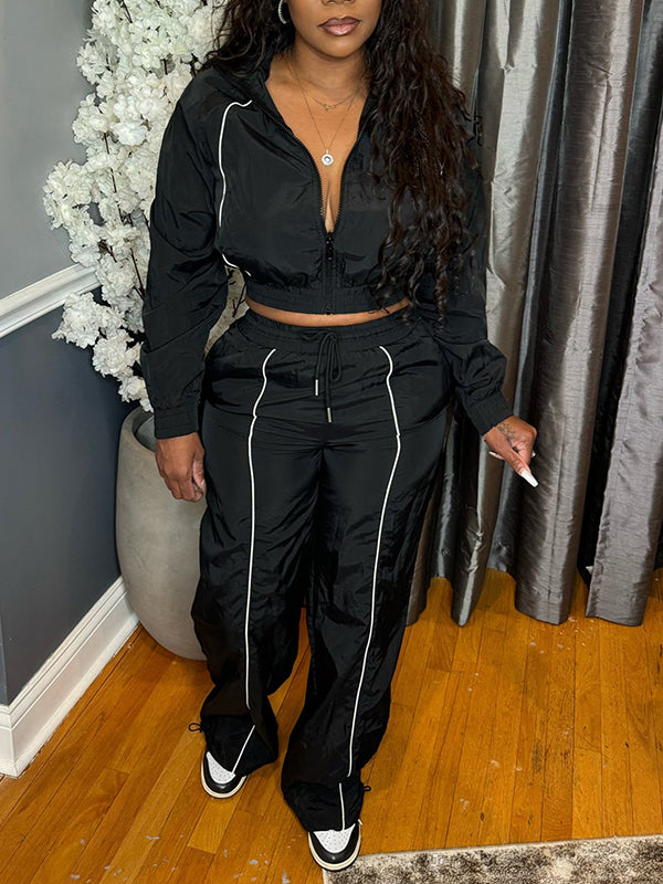 Stripe Zip-Front Jacket & Pants Set Black