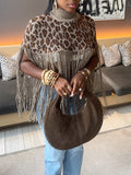 Fringe Combo Leopard Poncho Khaki One Size
