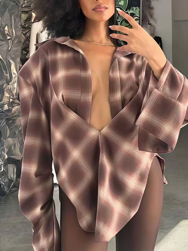 Plaid Asymmetric Shirt Brown
