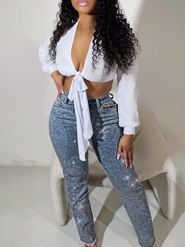 Studded Ripped Jeans Light Wash Blue