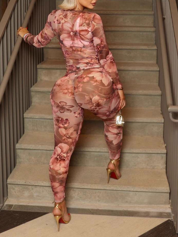 Floral Skinny Pants Set Pink