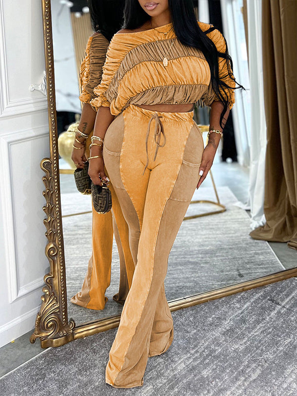 Ruched Boat-Neck Top & Pants Set Orange