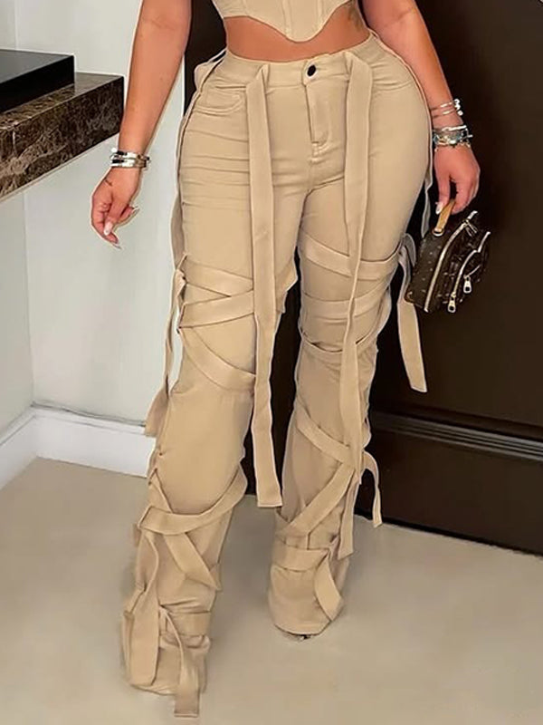 Solid Fringe Pants Khaki