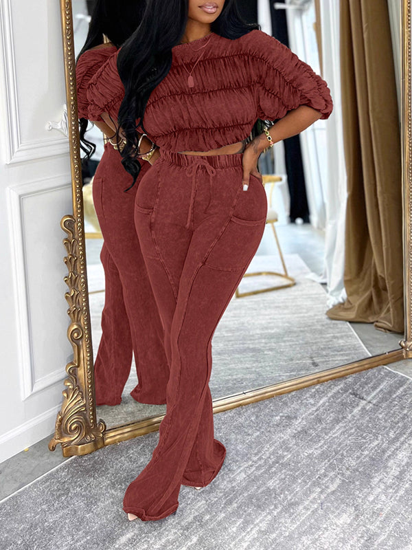 Boat-Neck Ruched Top & Pants Set Burgundy