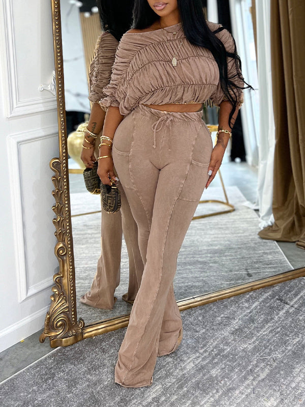 Boat-Neck Ruched Top & Pants Set Khaki