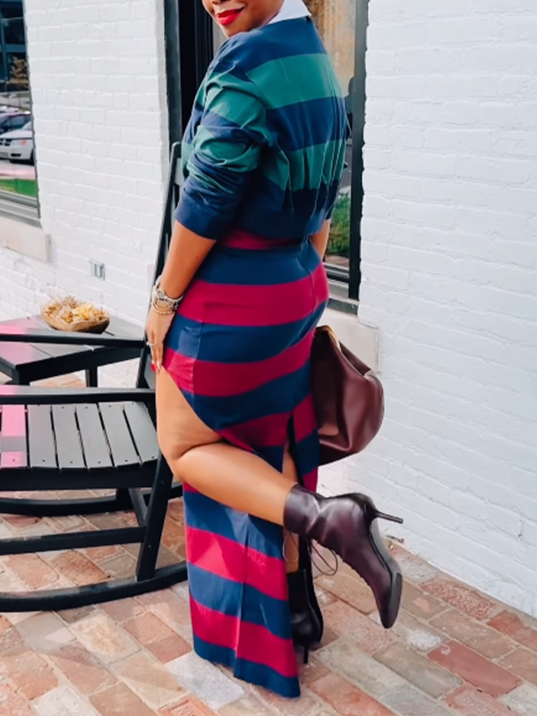 Stripe Polo Top & Slit Skirt Set--Clearance