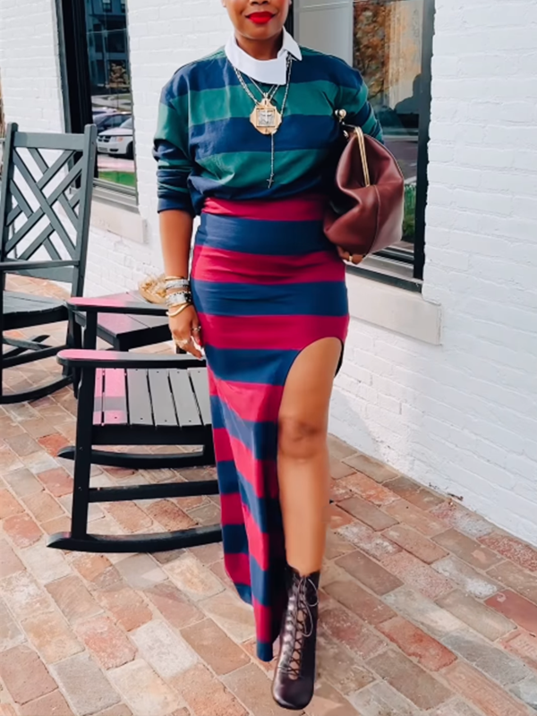 Stripe Polo Top & Slit Skirt Set Green&Red