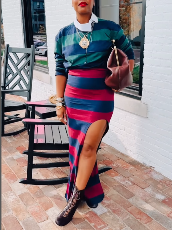 Stripe Polo Top & Slit Skirt Set--Clearance
