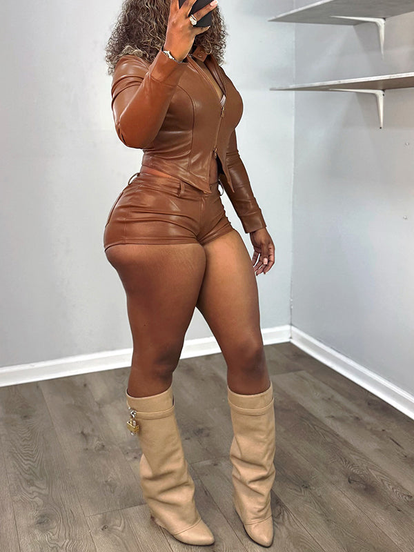Faux-Leather Jacket & Shorts Set Brown
