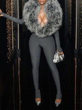 Faux-Fur Combo Jumpsuit Gray