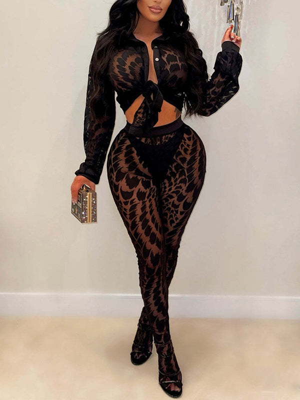 Printed Sheer Shirt & Pants Set Black