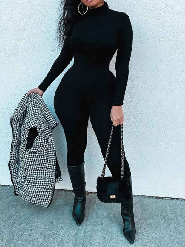 Solid Turtleneck Skinny Jumpsuit--Clearance