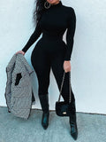 Solid Turtleneck Skinny Jumpsuit--Clearance