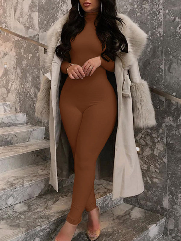 Solid Turtleneck Skinny Jumpsuit--Clearance