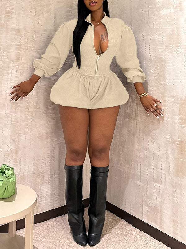 Zip-Front Jacket & Bubble Skirt Set Khaki