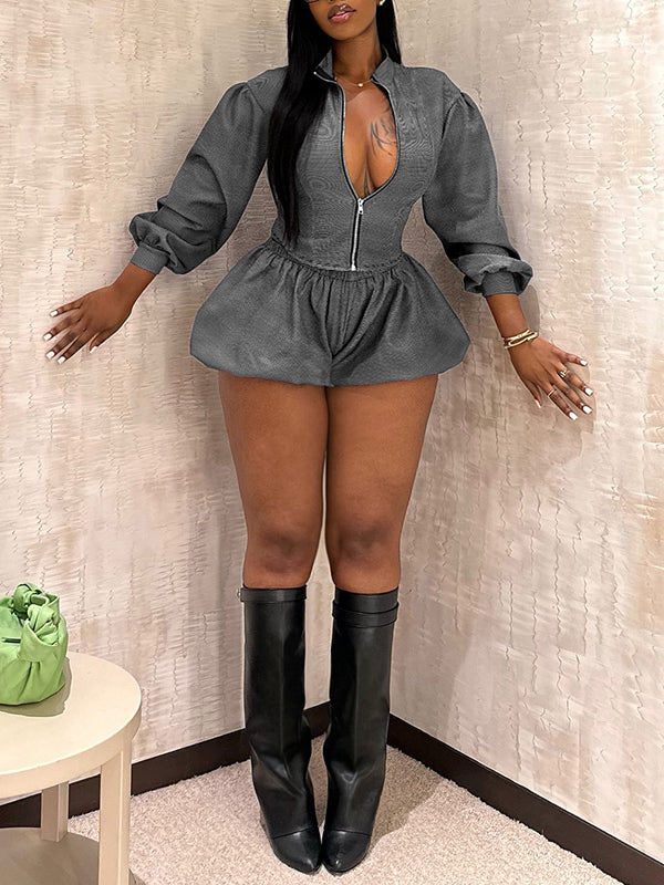 Zip-Front Jacket & Bubble Skirt Set Dark Gray