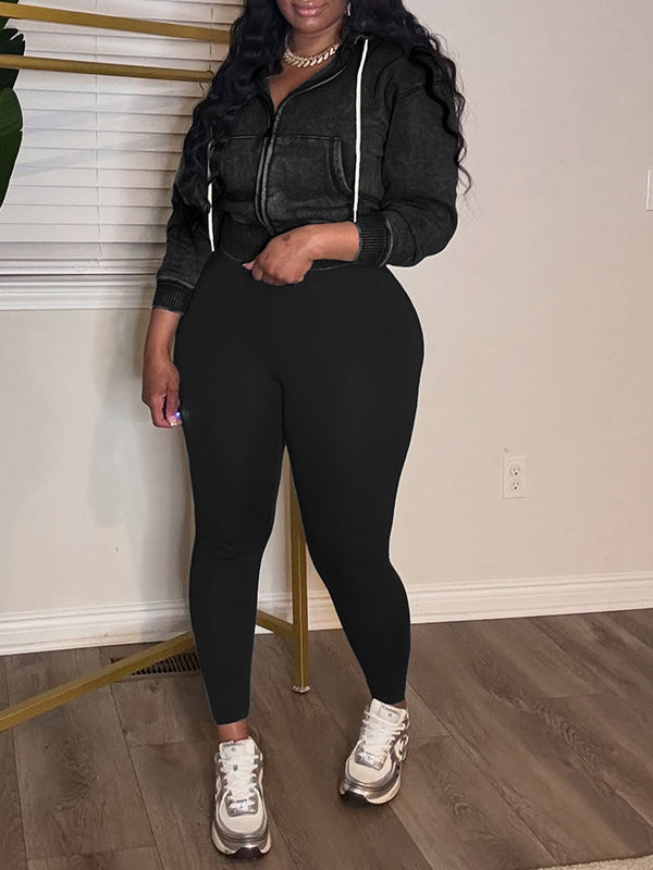 Wash Zip-Front Hoodie & Skinny Pants Set Black