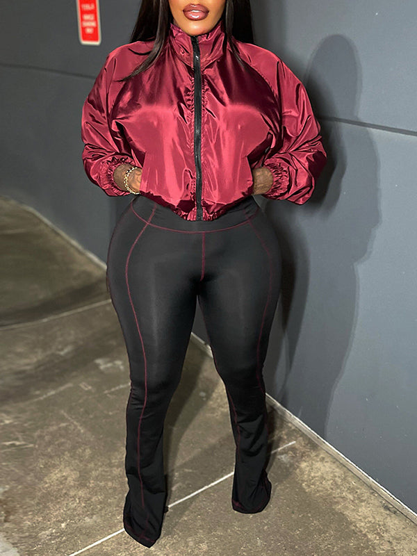 Zip-Front Jacket & Skinny Pants Set Burgundy