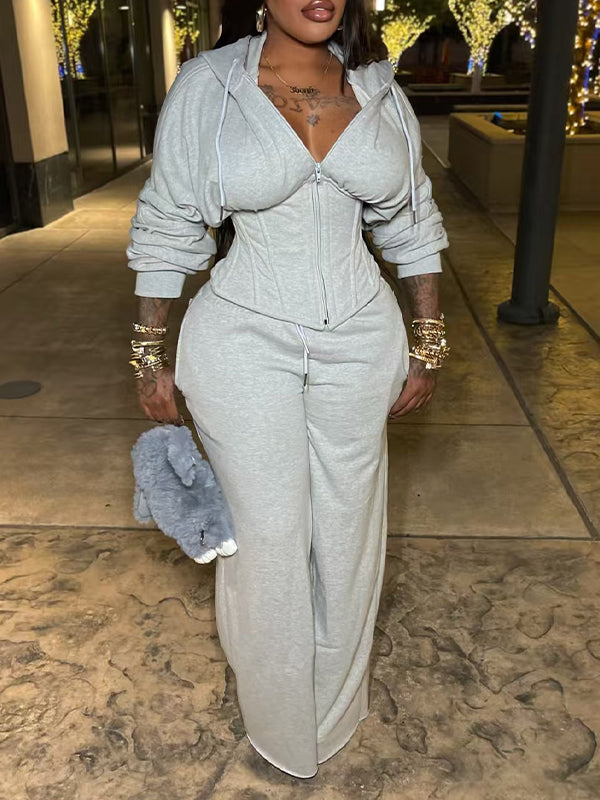 Solid Lace-Up Hoodie & Pants Set Gray