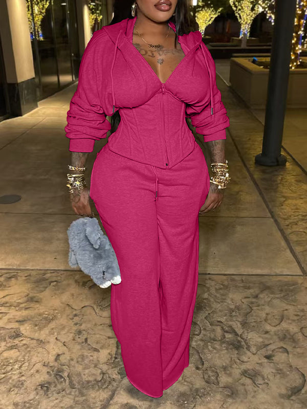 Solid Lace-Up Hoodie & Pants Set Hot Pink