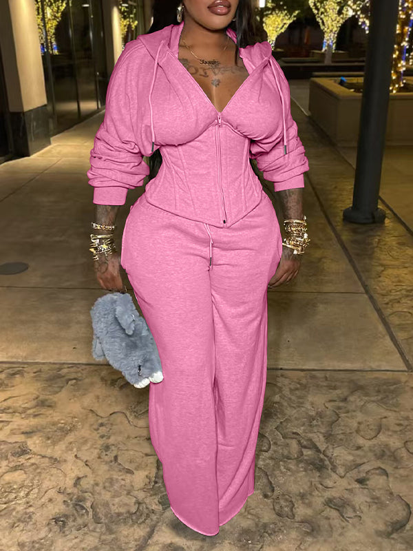Solid Lace-Up Hoodie & Pants Set Pink
