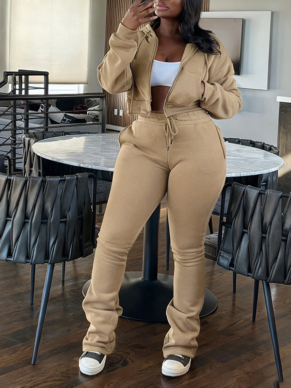 Solid Zip-Front Hoodie & Pants Set Khaki