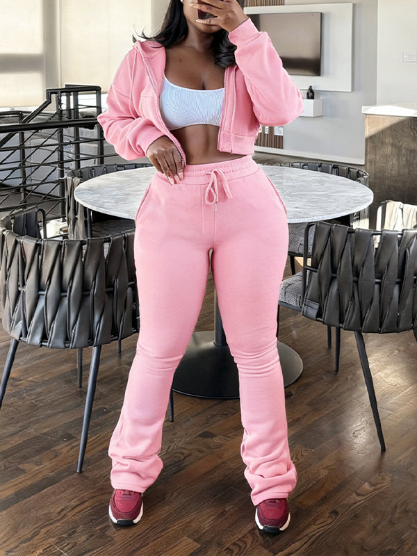 Solid Zip-Front Hoodie & Pants Set Pink