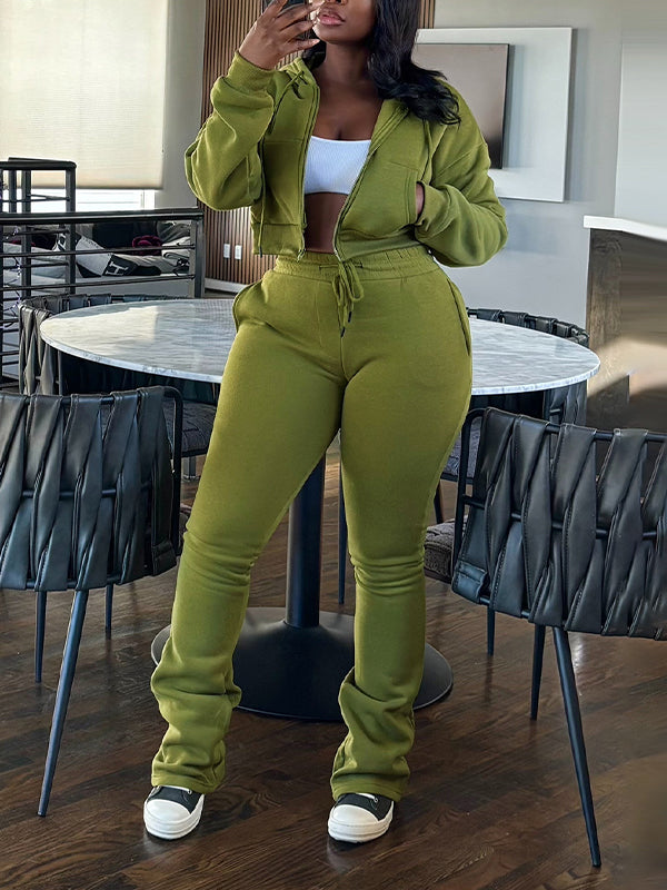 Solid Zip-Front Hoodie & Pants Set Green