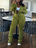 Solid Zip-Front Hoodie & Pants Set Green