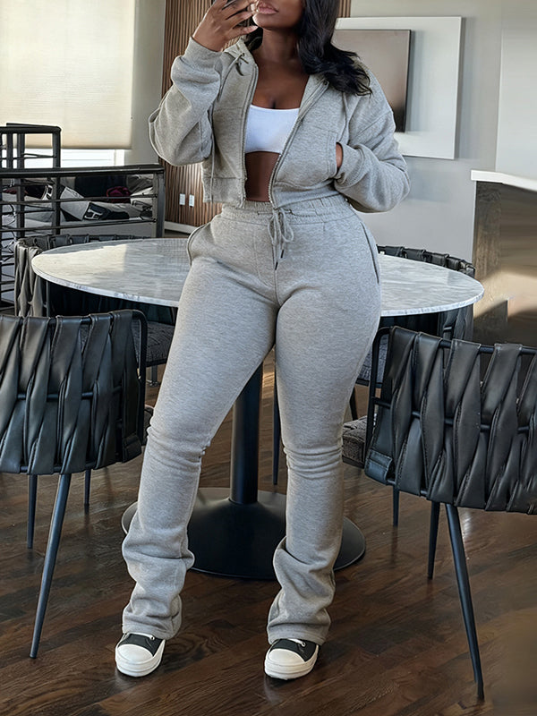 Solid Zip-Front Hoodie & Pants Set Gray