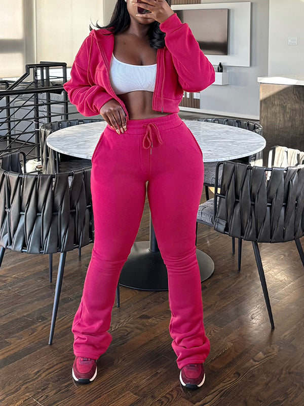 Solid Zip-Front Hoodie & Pants Set Hot Pink