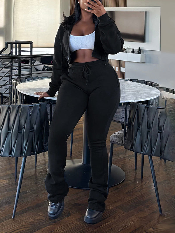 Solid Zip-Front Hoodie & Pants Set Black