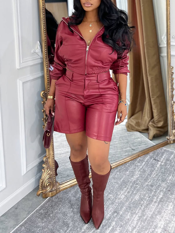Faux-Leather Hoodie & Shorts Set--Clearance