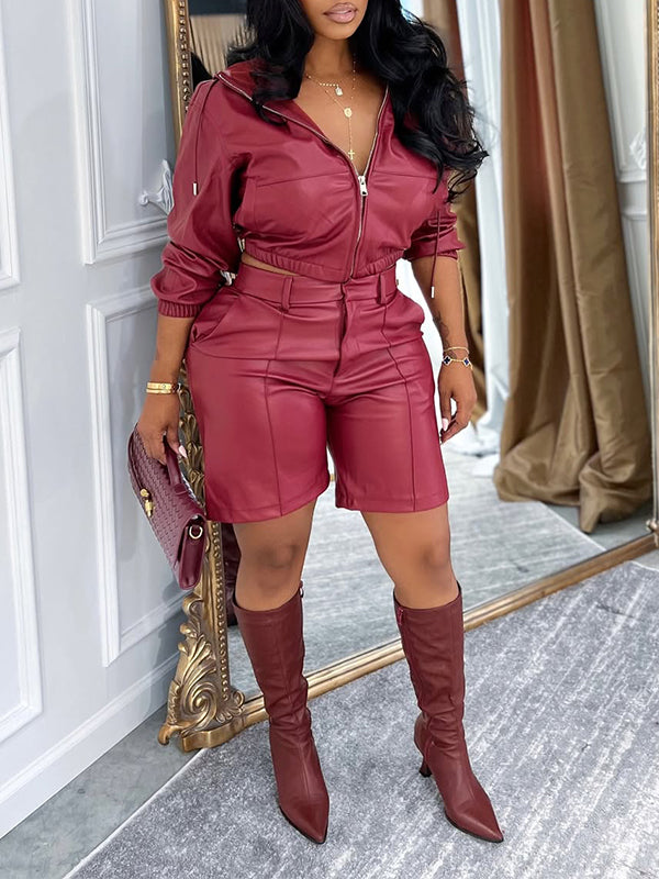 Faux-Leather Hoodie & Shorts Set--Clearance