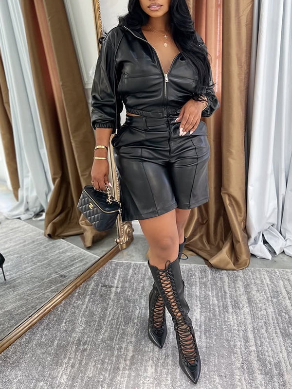Faux-Leather Hoodie & Shorts Set--Clearance